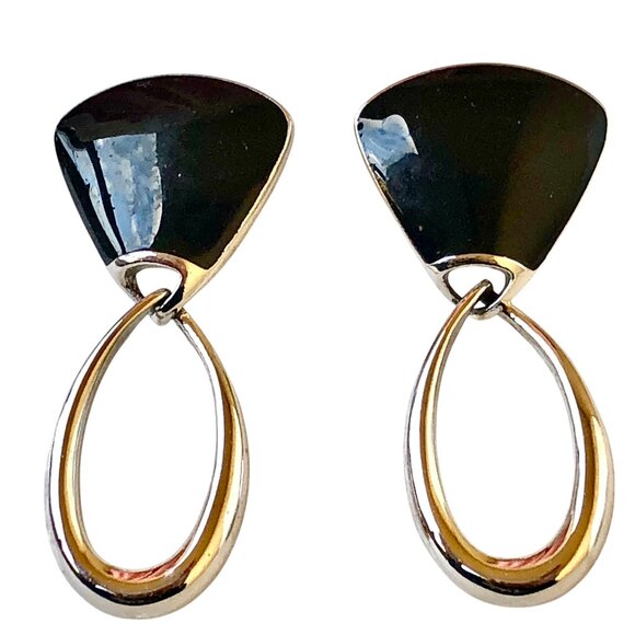 Trifari Vintage Black Enamel Silvertone Dangle Drop Earrings Posts - Picture 3 of 12